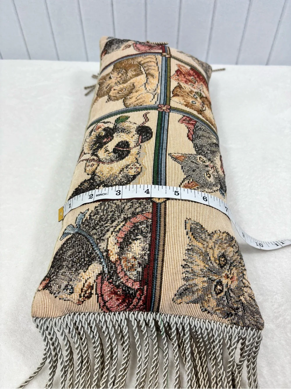 Vintage Tapestry  Kitten Bolster Pillow with Tassels